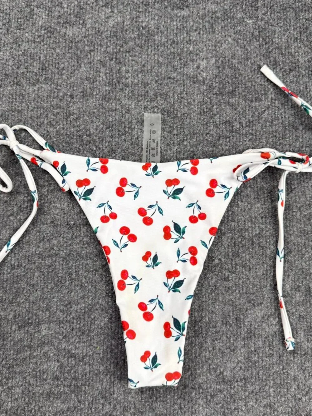 Women's Cherry Print Bikini Bottom Size S White Red Tie Side Cheeky Thong Stain